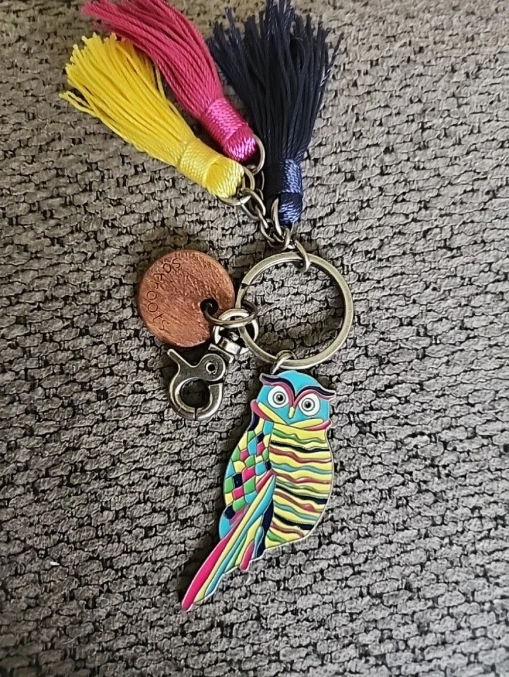 Sakroots Owl Keychain Bag Charm Tassel Boho Blue Pink Silver Tone Accessory